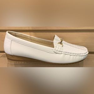White faux leather loafers